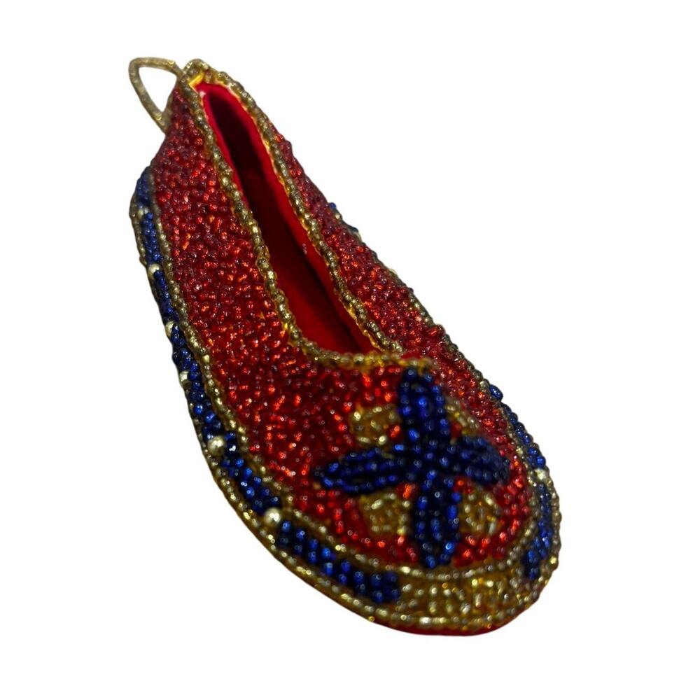 Vintage Beaded Red Ballet Slipper Christmas Ornament Handmade Folk Art